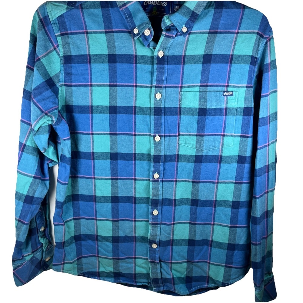 Chubbies Mens Large Flannel Shirt Blue Teal Plaid Long Sleeve Button Down Pocket